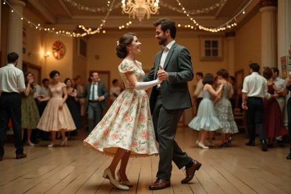 Couple dansant le twist dans une salle de bal populaire des années 60 en France