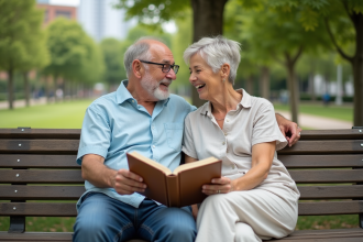 Couple retraité souriant dans un parc urbain