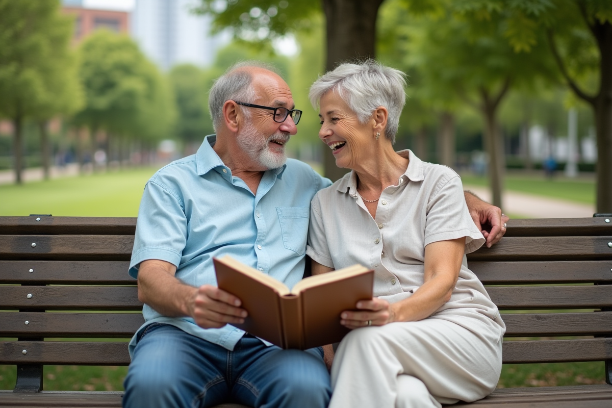 Couple retraité souriant dans un parc urbain