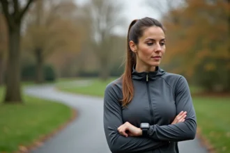 Coureuse consultant sa montre GPS pour convertir des kilomètres en miles mentalement sans tableau