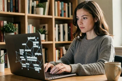 Jeune femme découvrant la sémantique vectorielle sur son ordinateur portable dans un bureau à domicile chaleureux