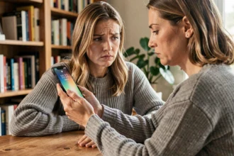 Femme tenant un smartphone affichant un numéro inconnu, cherchant à signaler un appel spam à son opérateur