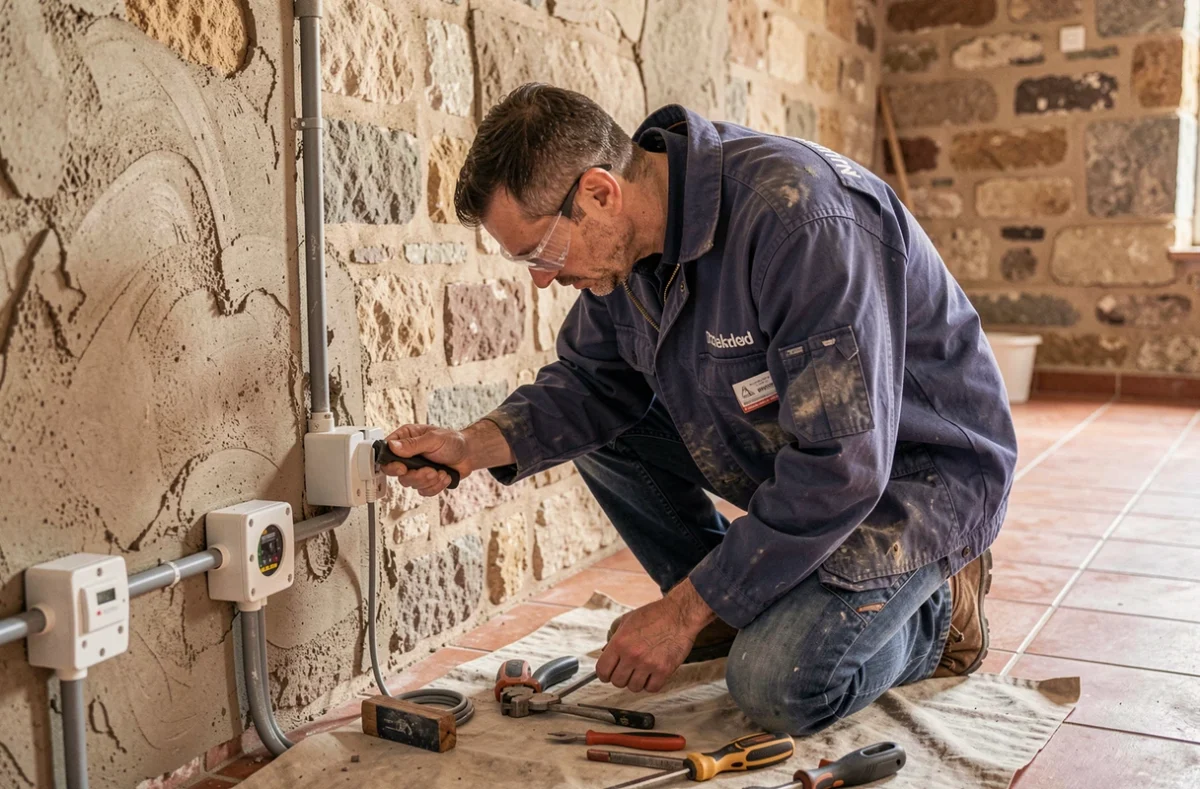 Technicien de Delacourt Renov installant des conduits électriques dans une maison en pierre provençale