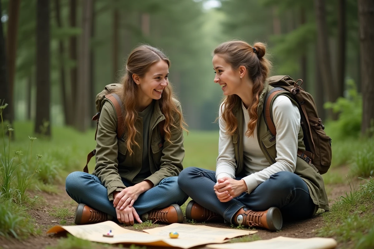 Deux femmes randonneuses discutent d une quete dans un parc
