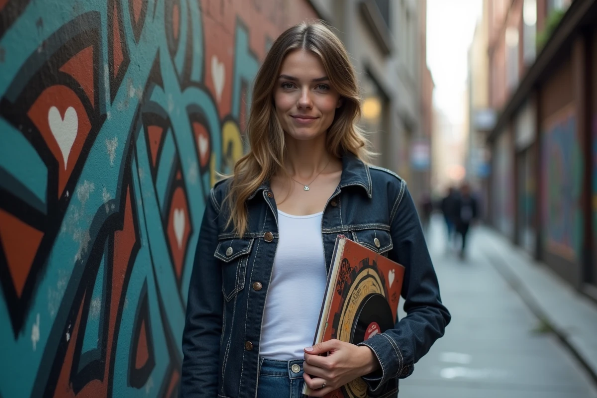 Artiste de la scène Dfendr posant devant une fresque urbaine avec un vinyle dans la main en milieu urbain