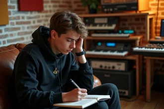 Artiste musical Dfendr en studio d'enregistrement étudiant des paroles manuscrites dans une ambiance intimiste