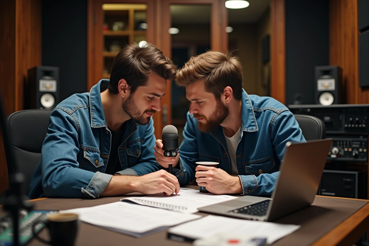 Deux musiciens en collaboration dans un studio professionnel devant une console de mixage pour un projet Dfendr