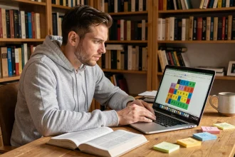 Homme consultant un dictionnaire français ouvert pour résoudre une grille de mots sur un écran d'ordinateur portable
