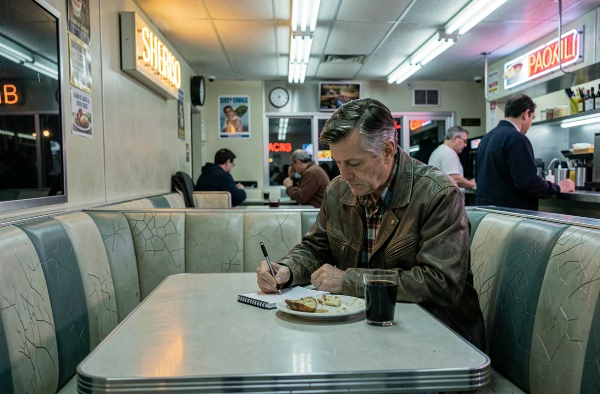 Homme seul écrivant dans un diner américain la nuit, évoquant l'univers de Jerry Stahl et la speed fiction