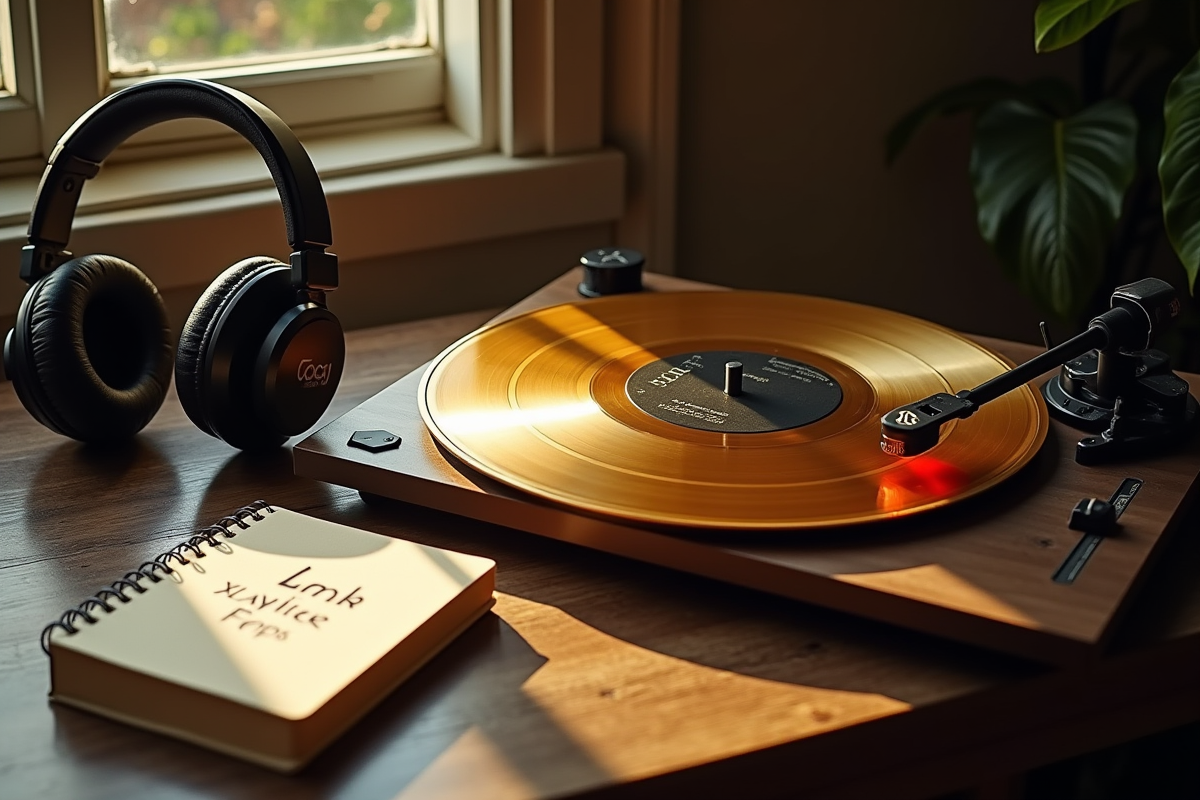 Vinyle doré avec écouteurs et carnet de paroles rap