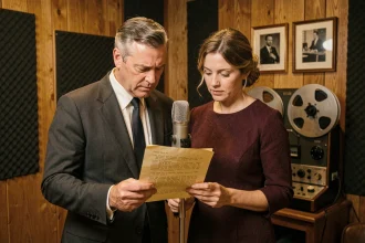 Duo de chanteurs français des années 60 partageant un microphone dans un studio d'enregistrement vintage