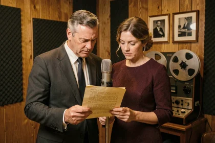 Duo de chanteurs français des années 60 partageant un microphone dans un studio d'enregistrement vintage