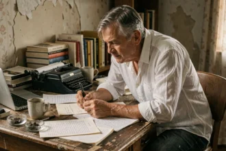 Écrivain américain désabusé écrivant de la fiction rapide à son bureau encombré de manuscrits à Los Angeles