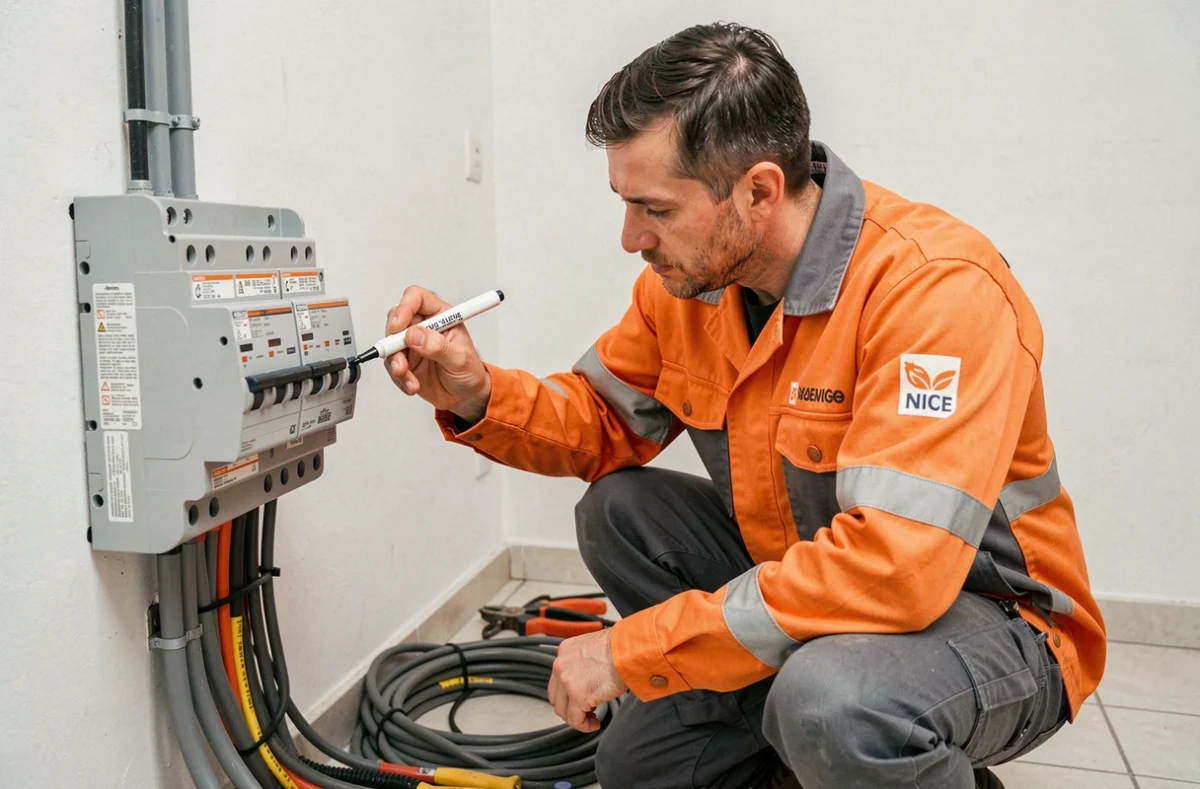 Électricien d'Elect'Home Nice étiquetant les disjoncteurs d'un tableau électrique neuf dans un appartement niçois