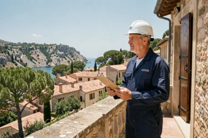 Électricien professionnel sur une terrasse avec vue sur la côte des Alpes-Maritimes, tenant un carnet de chantier