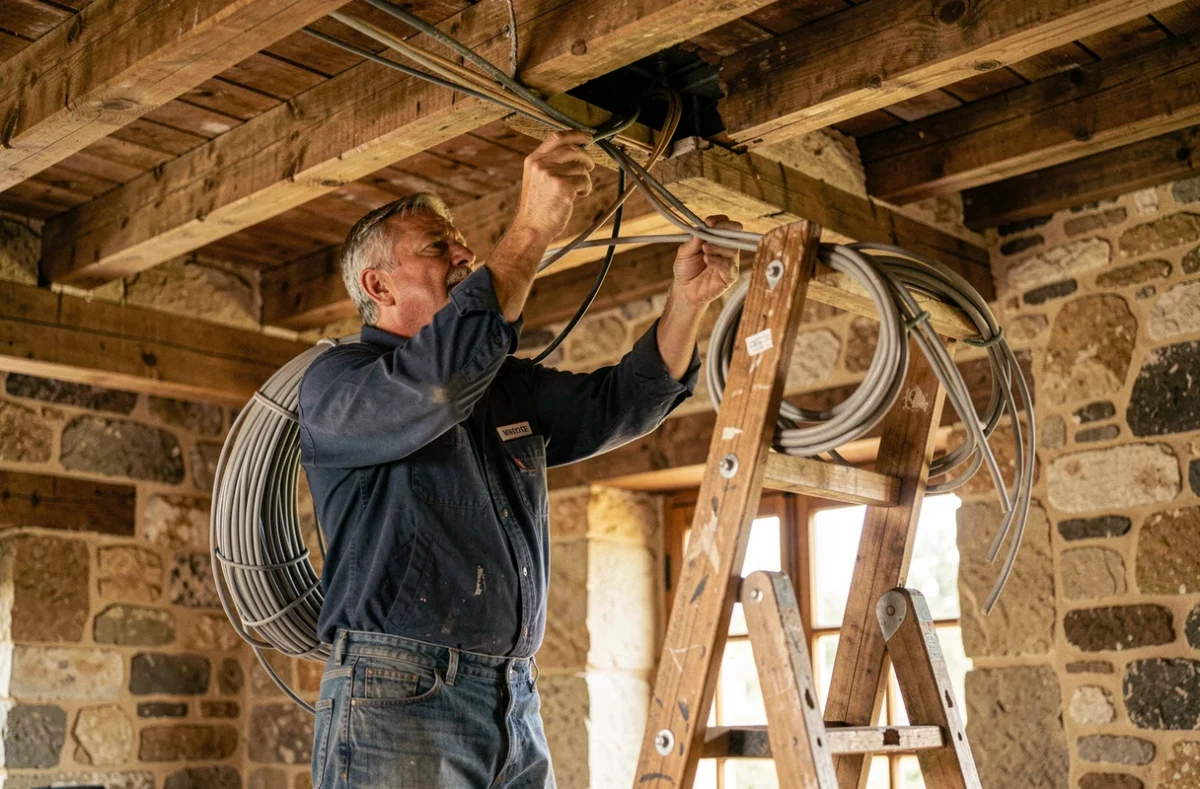 Électricien d'Électricité Laurent tirant des câbles dans le plafond d'une ferme en pierre traditionnelle