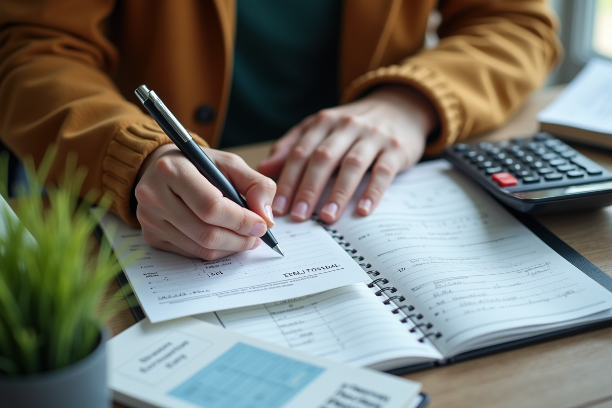 Étudiant remplissant un registre avec une calculatrice et des livres de comptabilite
