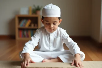 Jeune garçon musulman apprenant le tayammum en posant les mains sur une pierre de sable, assis sur un tapis de prière