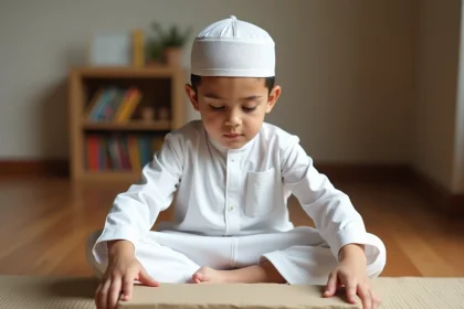 Jeune garçon musulman apprenant le tayammum en posant les mains sur une pierre de sable, assis sur un tapis de prière
