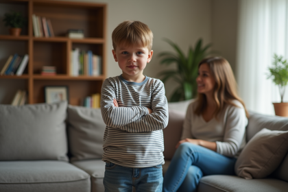 Garçon de 6 ans croisant les bras avec sa mère dans un salon chaleureux