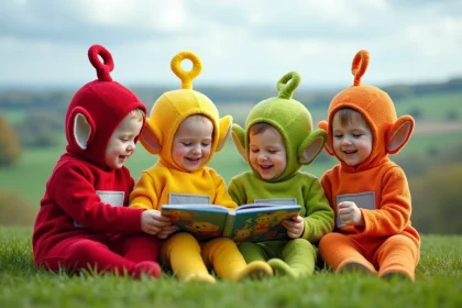 Jeunes enfants en costumes Teletubbies dans la nature