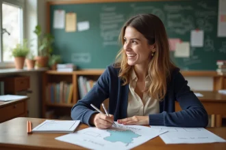 Enseignante souriante en classe avec carte de France