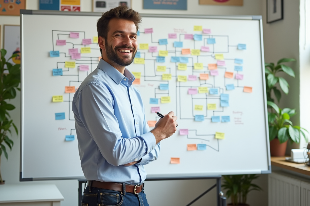 Entrepreneur souriant devant un tableau blanc avec un diagramme coloré