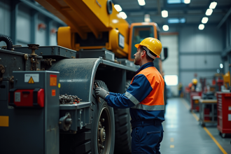 Mecanicien en equipement de securite effectuant maintenance sur une grue industrielle