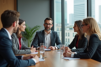 Groupe divers d'adultes en réunion de travail en bureau moderne