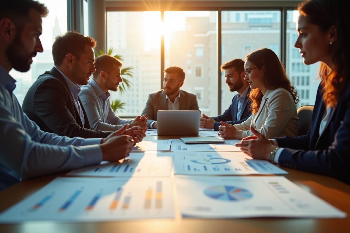 Groupe de statisticiens collaborant autour de graphiques