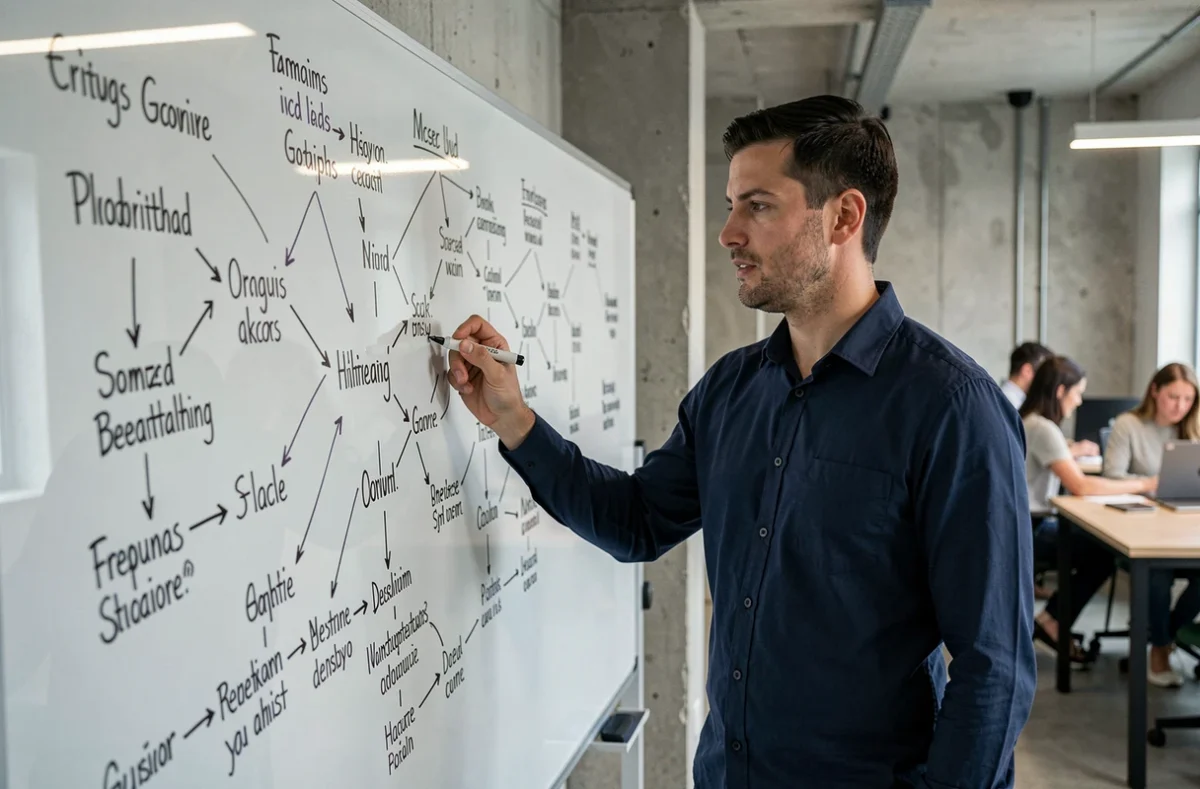 Homme expliquant un réseau sémantique sur tableau blanc dans un espace de coworking moderne