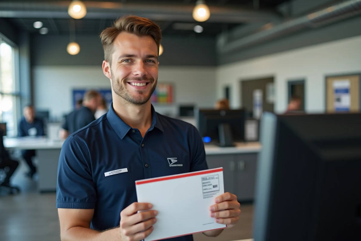 Jeune facteur en uniforme scannant une enveloppe au bureau