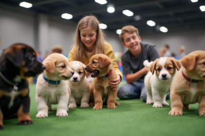 Famille heureuse découvrant un salon de chiots animé