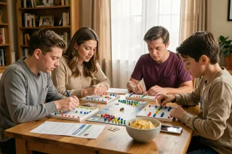 Famille jouant à la bataille navale autour d'une table en bois avec grilles et pions colorés