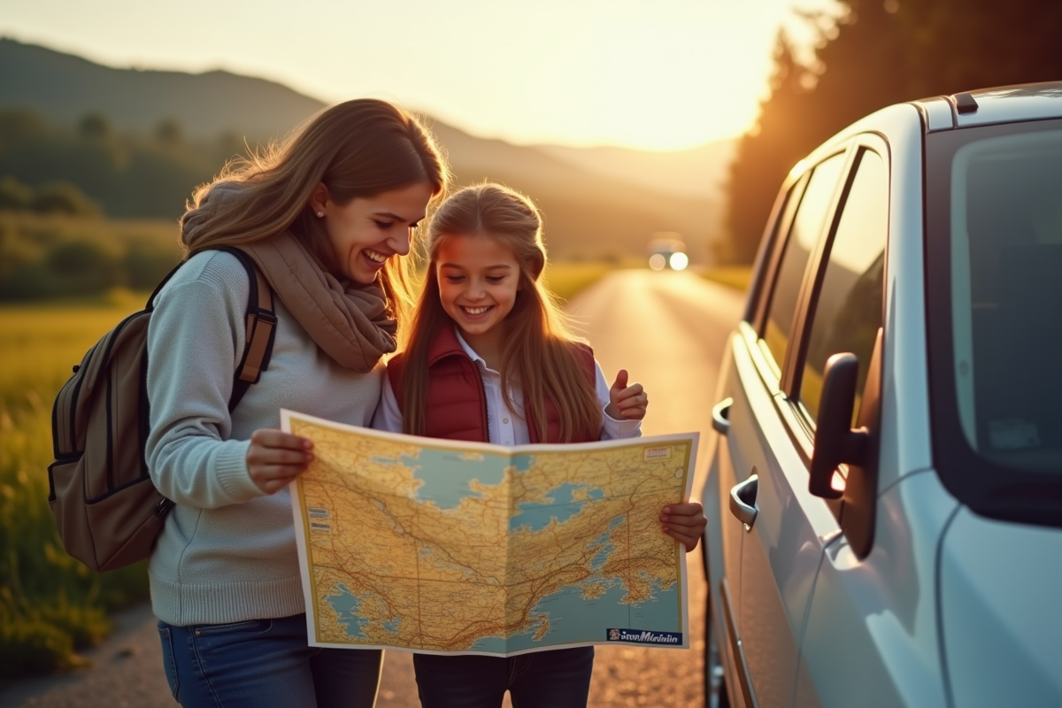 Famille souriante étudiant une carte Michelin au repos scenic
