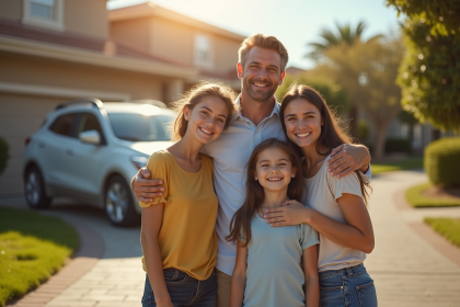 Famille souriante devant leur voiture dans la cour