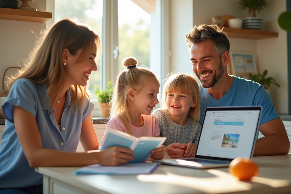 Famille souriante à la maison avec chèques vacances et ordinateur