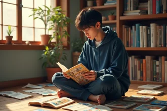 Jeune fan de manga lisant le chapitre One Piece dans un appartement japonais entouré de volumes manga