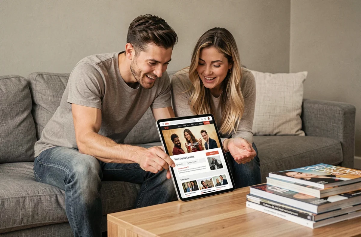 Deux fans découvrant ensemble le contenu du site fan kellanlutz.fr sur une tablette dans un salon