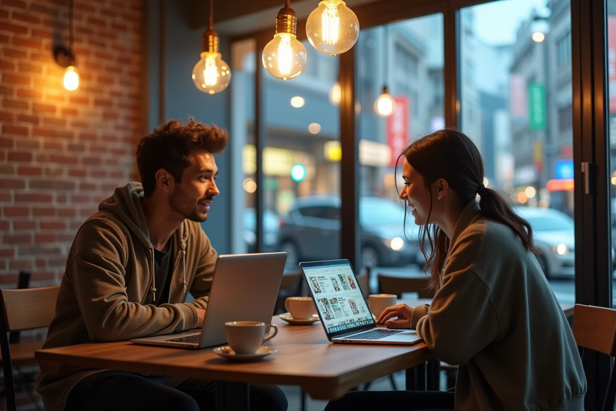 Deux fans adultes discutant du scan One Piece 1149 dans un café moderne avec des laptops ouverts