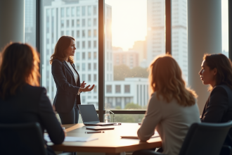Femme d'affaires confiante lors d'une réunion en équipe