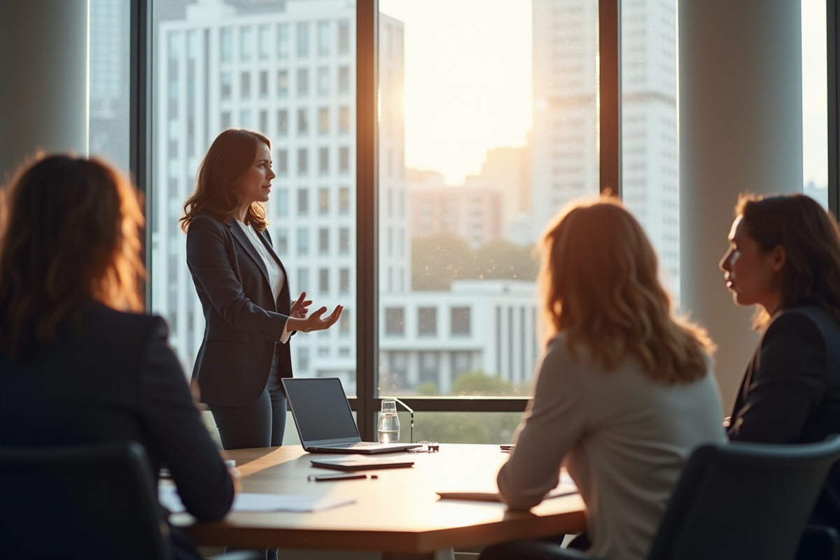 Femme d'affaires confiante lors d'une réunion en équipe