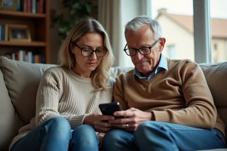 Femme aidant son père à bloquer un numéro sur son smartphone