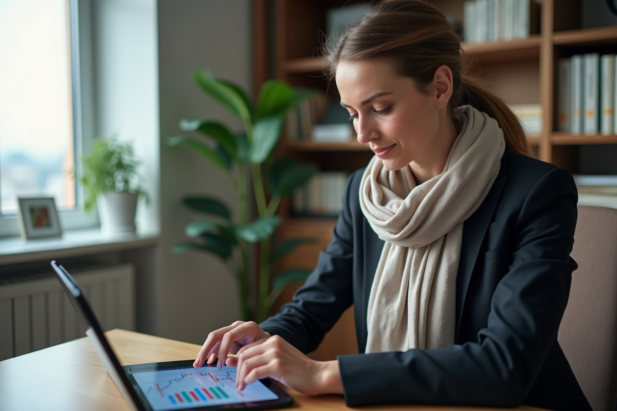 Femme d'affaires analysant un graphique financier sur une tablette