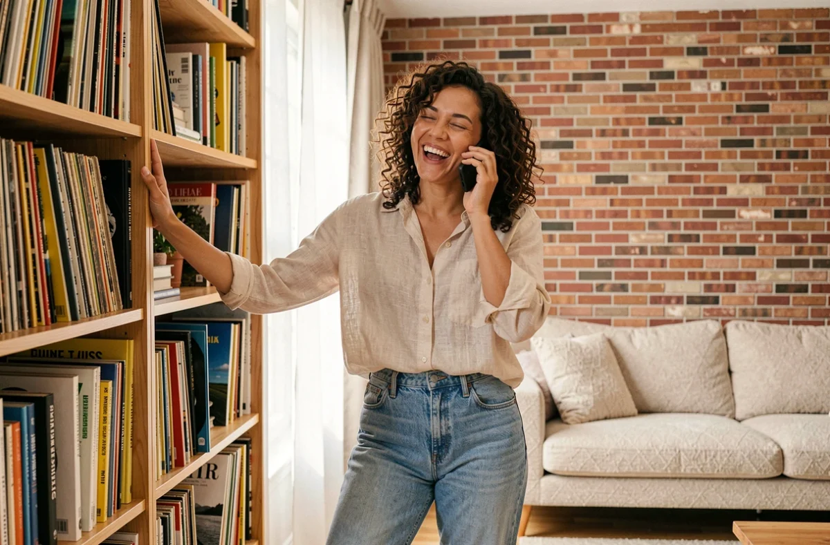 Femme dans un appartement moderne riant au téléphone entourée de vinyles exprimant son enthousiasme pour un banger