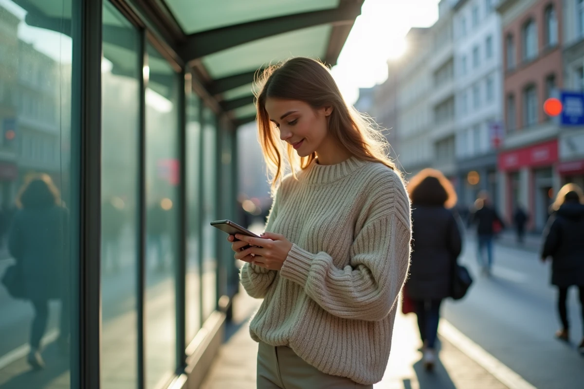 Femme lisant sur smartphone à un arrêt de bus en ville
