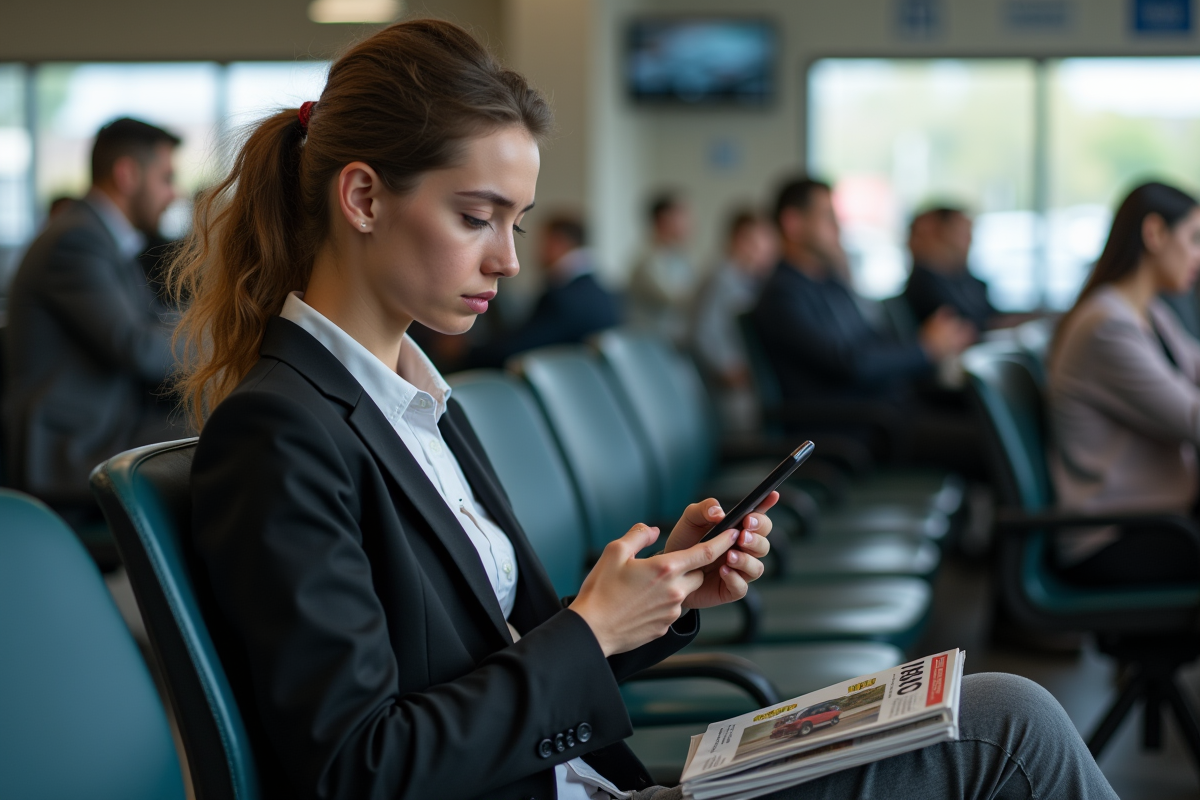 Jeune femme assise dans un garage automobile en attente
