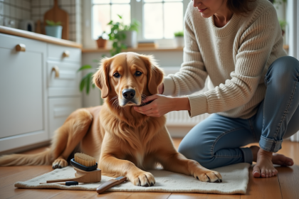 Femme en casual brosse un chien golden retriever dans la maison