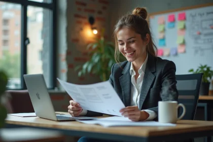 Femme au bureau en blazer et jeans souriante