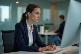 Femme en bureau moderne travaillant sur ordinateur